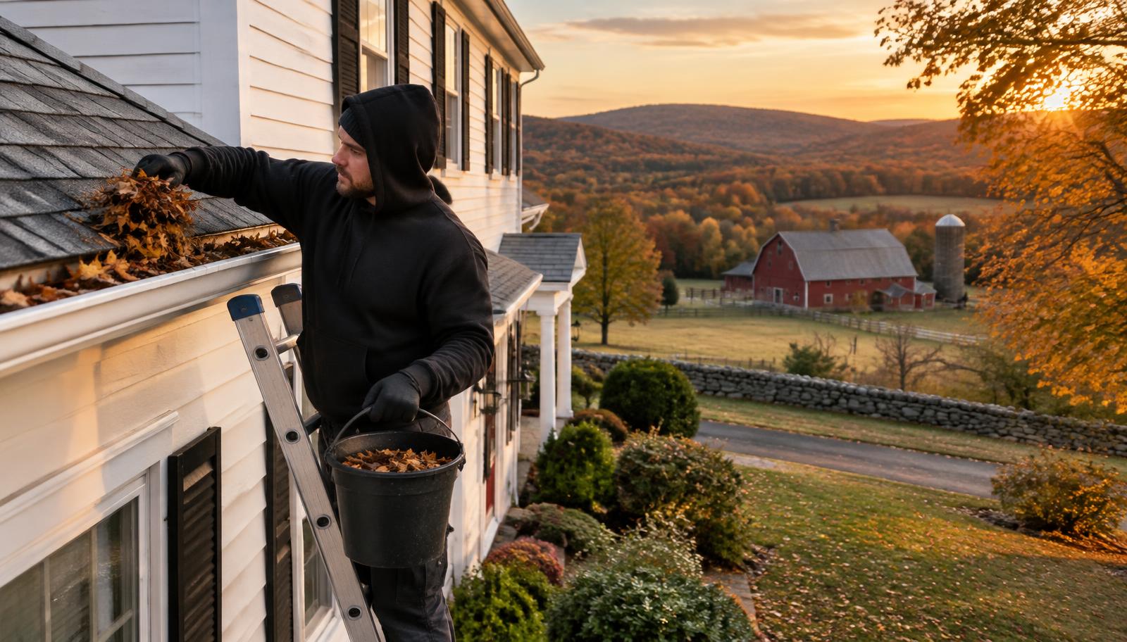 Guardian technician cleaning leaves from gutters on a Hunterdon County farmhouse